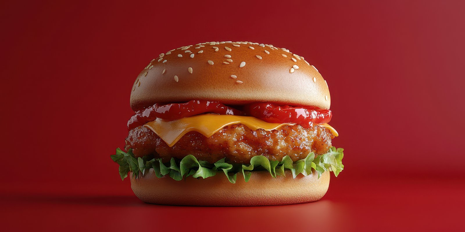 Juicy burger with melted cheese, lettuce, and ketchup on a vibrant red background